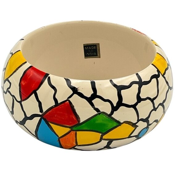 Vtg Retro Artisan Hand Painted Wood Geometric Crackle Bangle Bracelet 80s 90s - Picture 5 of 12